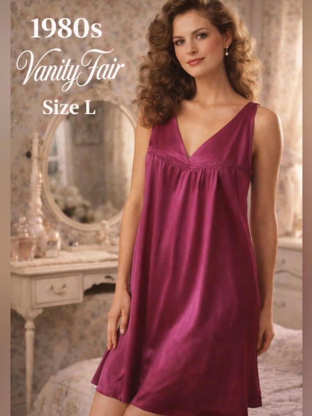 VINTAGE 60's VANITY FAIR LACE CHEMISE MIDI NIGHTGOWN. Made in USA